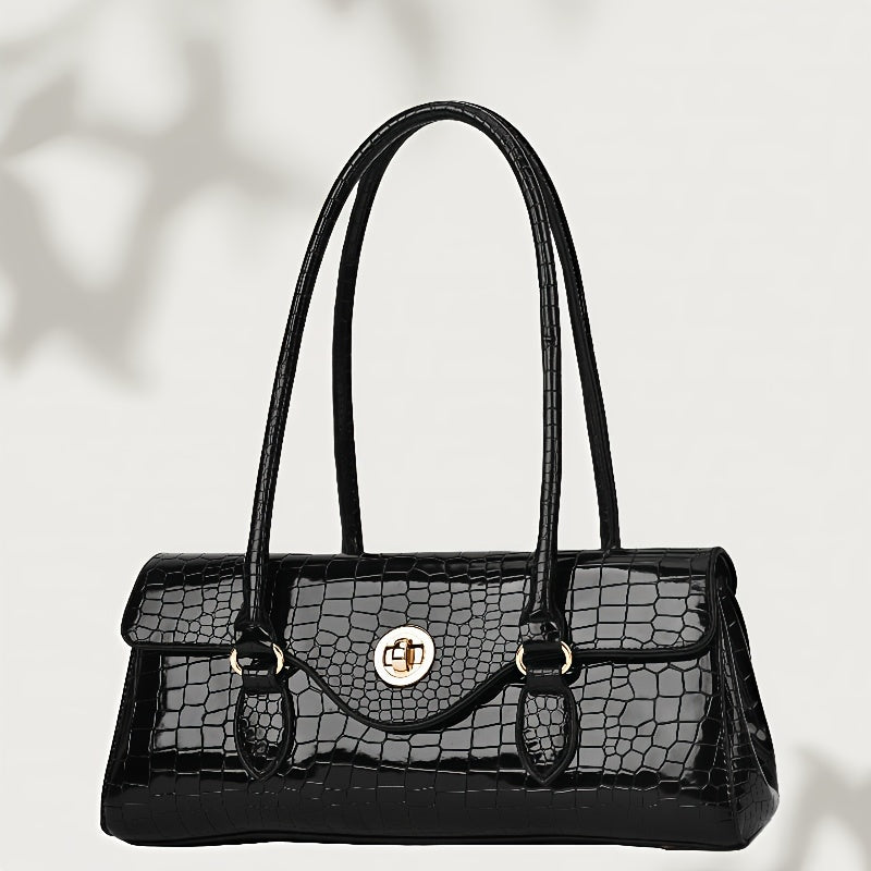 Women's High-Gloss Black\u002FGlossy Crocodile-Texture Handbag - Golden-Tone Metal Twist Lock Closure, Convertible Crossbody\u002FHandbag, Adjustable Strap & Oil-Edged, Luxury Designer-like Purse for, Parties, Everyday (Multiple