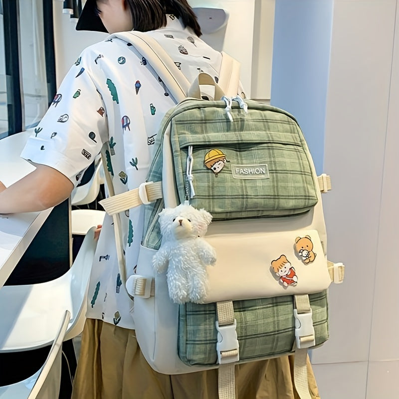 Cute Plaid Cartoon Canvas Five-Piece School Bag, Large Capacity Casual Simple Backpack, Women's Travel Bag Cosmetic Bag, for Girls And Women, Adaptable Stationery Bag, Women's Wallet, Women's Crossbody Bag, Women's Hand Bag (No Bear Pendant)