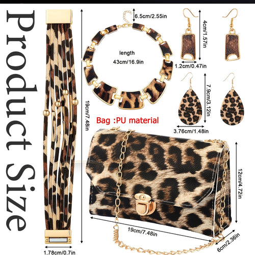 7\u002F Pcs Set Bohemian Style Leopard Print Jewelry Sets - Plastic Fashion Accessories Including  Necklaces, Earrings, Bracelets, and Handbags - Suitable for Daily and Vacation Wear