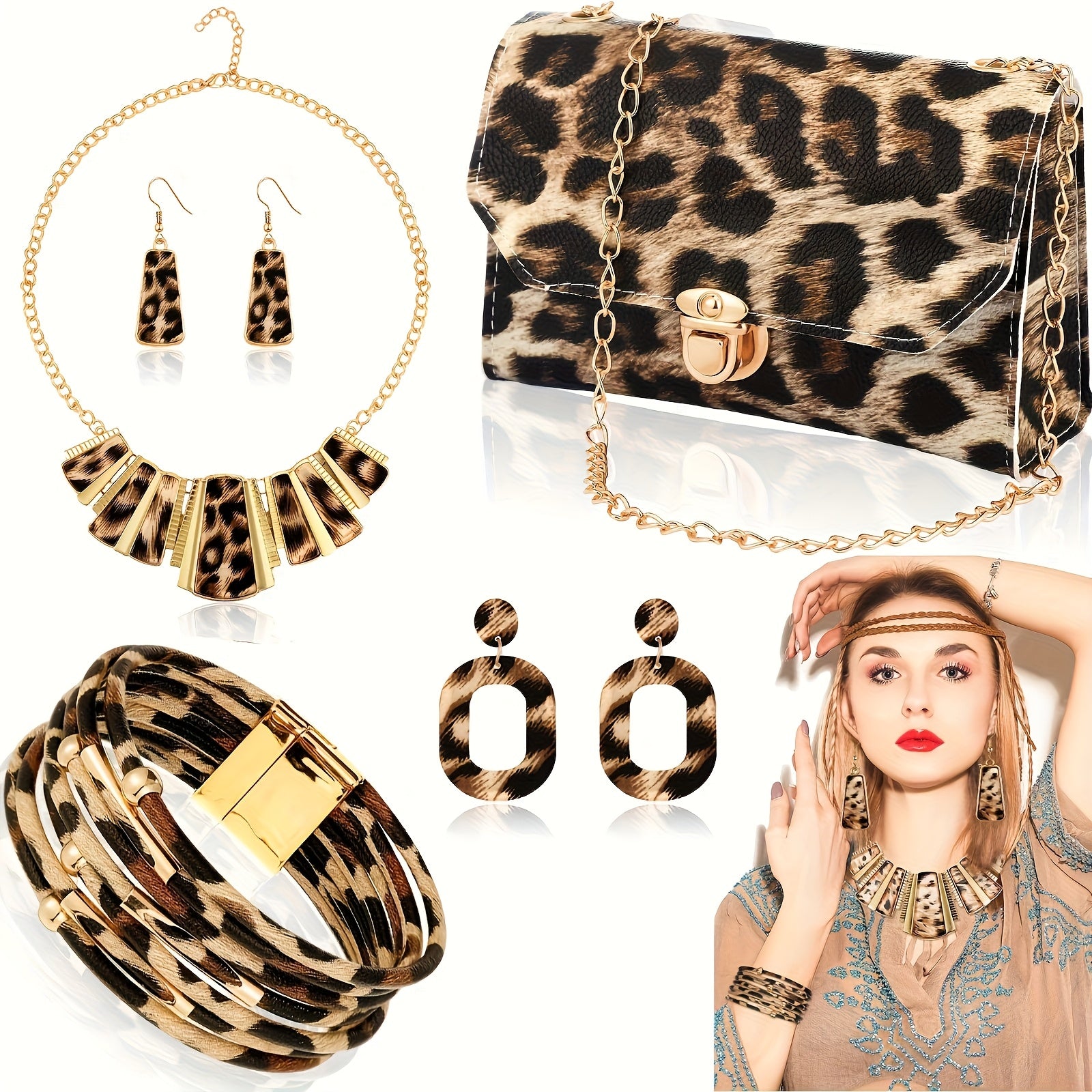7\u002F Pcs Set Bohemian Style Leopard Print Jewelry Sets - Plastic Fashion Accessories Including  Necklaces, Earrings, Bracelets, and Handbags - Suitable for Daily and Vacation Wear