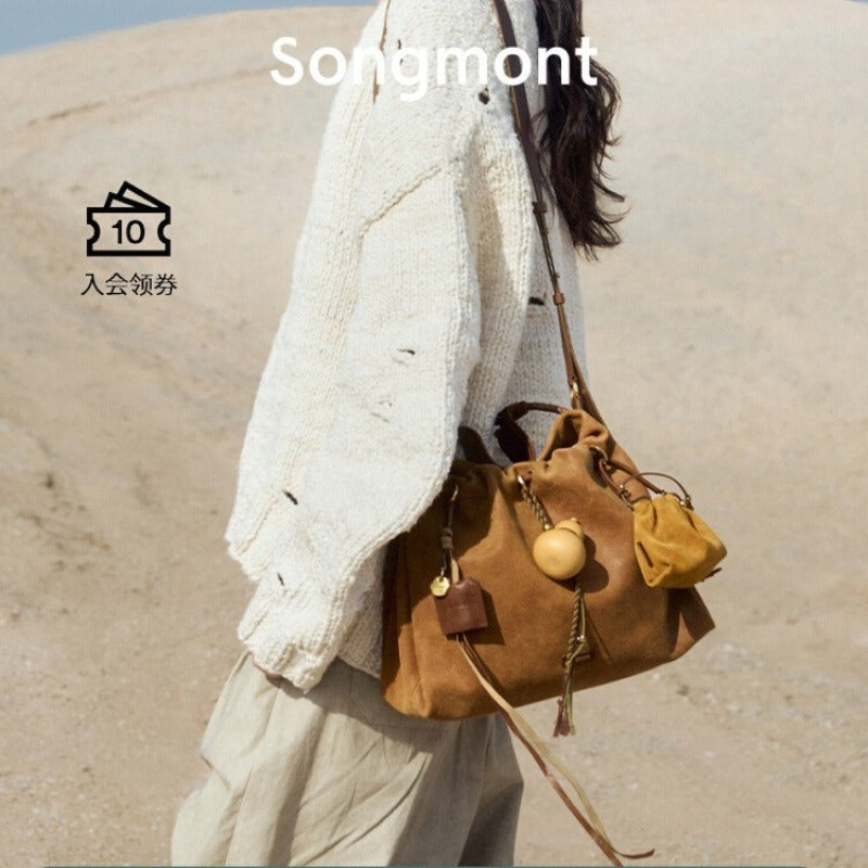 Songmont Songbaina Tote Bag | Suede, Large-Capacity, Genuine Leather, Khaki, Zipper Closure, Machine Washable