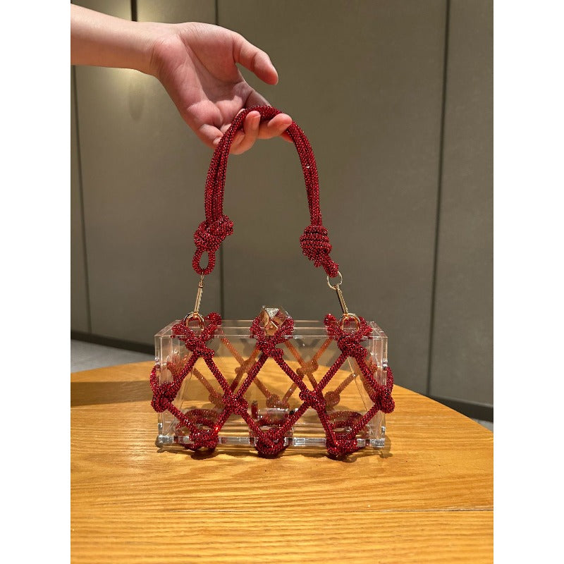 Shiny Acrylic Box Bag with Hand-Woven Nylon - Detachable Strap & Buckle Closure, Square \u002F Handbag Suitable for Dinner Parties, Weddings, Everyday Use - Yiwu Crafted