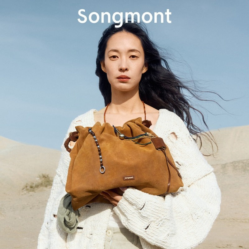 Songmont Songbaina Tote Bag | Suede, Large-Capacity, Genuine Leather, Khaki, Zipper Closure, Machine Washable
