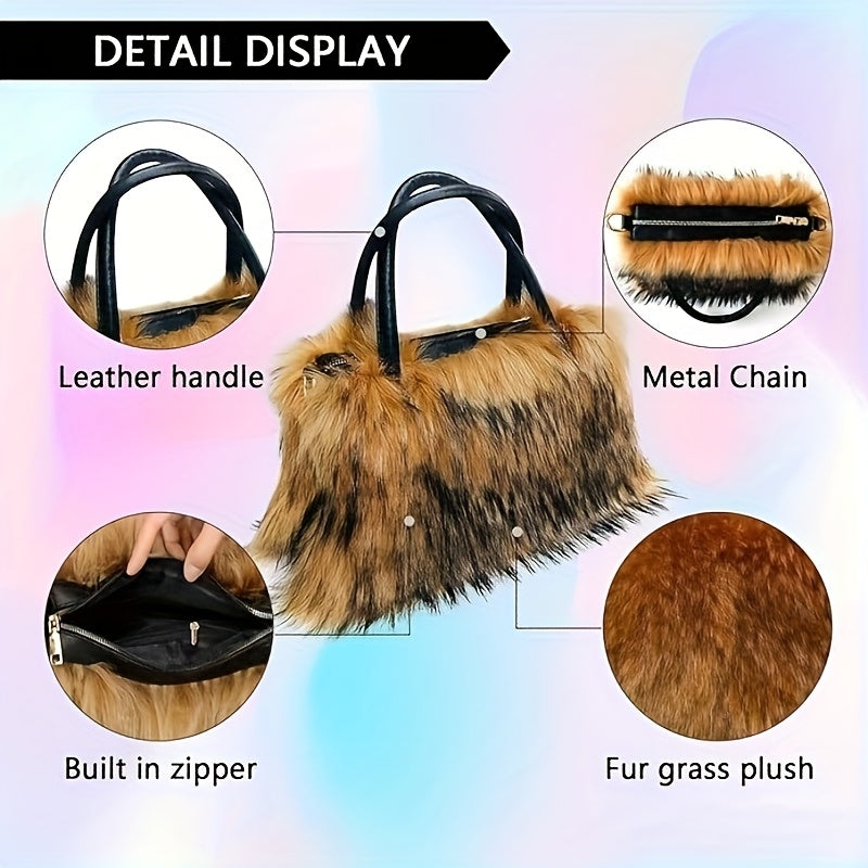 Women'S Plush Faux Mink Shoulder Bags | High-End Fashion Tote And Crossbody Bags in Five Colors:, Pink, Khaki, Silvery Grey, Green | Ideal Gifts for Girlfriend, Daughter, Mother | Solar Bloom Brand, Zipper Closure, Removable Strap Chance of Free Gift