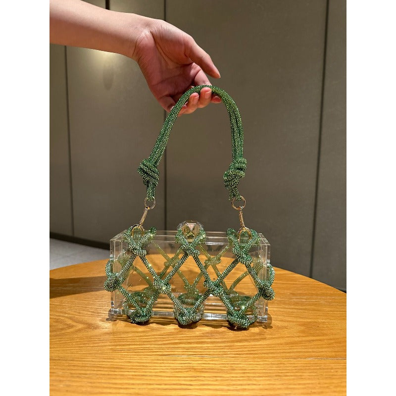 Shiny Acrylic Box Bag with Hand-Woven Nylon - Detachable Strap & Buckle Closure, Square \u002F Handbag Suitable for Dinner Parties, Weddings, Everyday Use - Yiwu Crafted