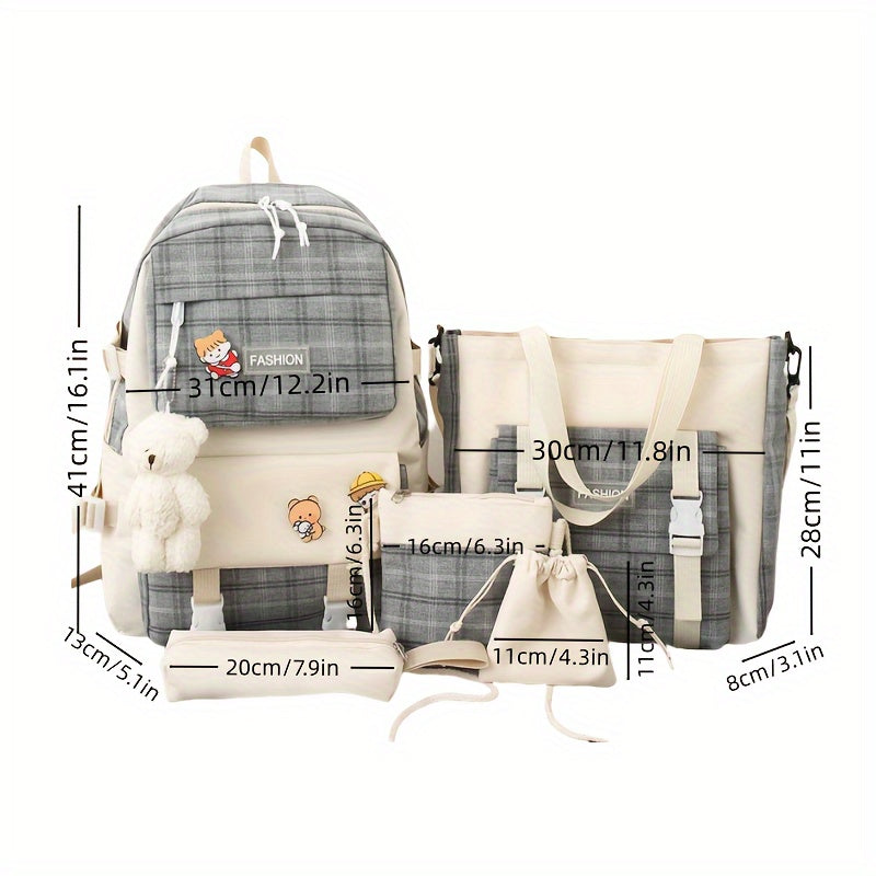 Cute Plaid Cartoon Canvas Five-Piece School Bag, Large Capacity Casual Simple Backpack, Women's Travel Bag Cosmetic Bag, for Girls And Women, Adaptable Stationery Bag, Women's Wallet, Women's Crossbody Bag, Women's Hand Bag (No Bear Pendant)