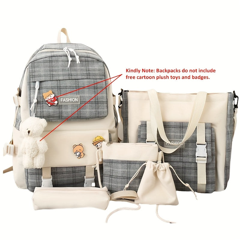 Cute Plaid Cartoon Canvas Five-Piece School Bag, Large Capacity Casual Simple Backpack, Women's Travel Bag Cosmetic Bag, for Girls And Women, Adaptable Stationery Bag, Women's Wallet, Women's Crossbody Bag, Women's Hand Bag (No Bear Pendant)