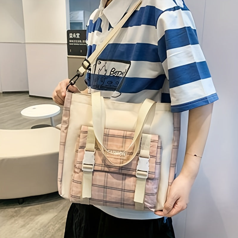 Cute Plaid Cartoon Canvas Five-Piece School Bag, Large Capacity Casual Simple Backpack, Women's Travel Bag Cosmetic Bag, for Girls And Women, Adaptable Stationery Bag, Women's Wallet, Women's Crossbody Bag, Women's Hand Bag (No Bear Pendant)
