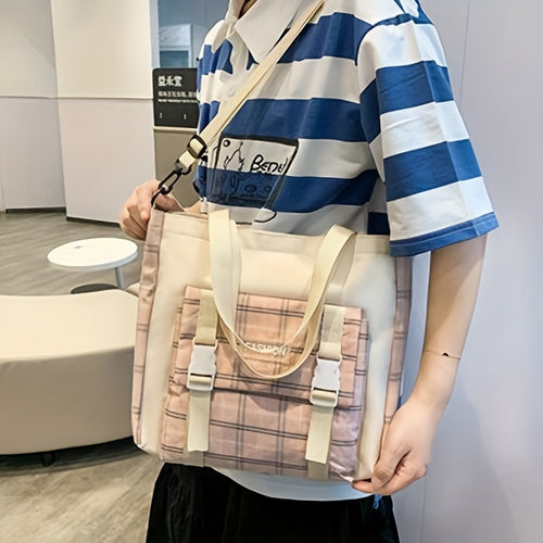 Cute Plaid Cartoon Canvas Five-Piece School Bag, Large Capacity Casual Simple Backpack, Women's Travel Bag Cosmetic Bag, for Girls And Women, Adaptable Stationery Bag, Women's Wallet, Women's Crossbody Bag, Women's Hand Bag (No Bear Pendant)