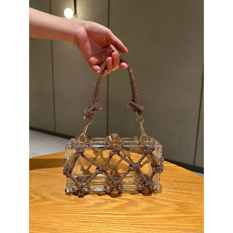 Shiny Acrylic Box Bag with Hand-Woven Nylon - Detachable Strap & Buckle Closure, Square \u002F Handbag Suitable for Dinner Parties, Weddings, Everyday Use - Yiwu Crafted