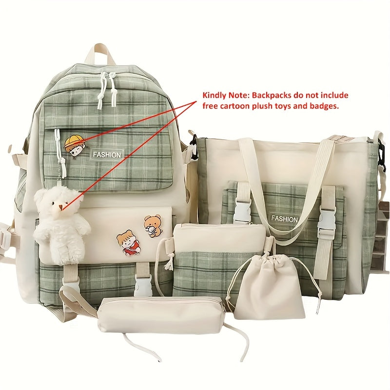 Cute Plaid Cartoon Canvas Five-Piece School Bag, Large Capacity Casual Simple Backpack, Women's Travel Bag Cosmetic Bag, for Girls And Women, Adaptable Stationery Bag, Women's Wallet, Women's Crossbody Bag, Women's Hand Bag (No Bear Pendant)