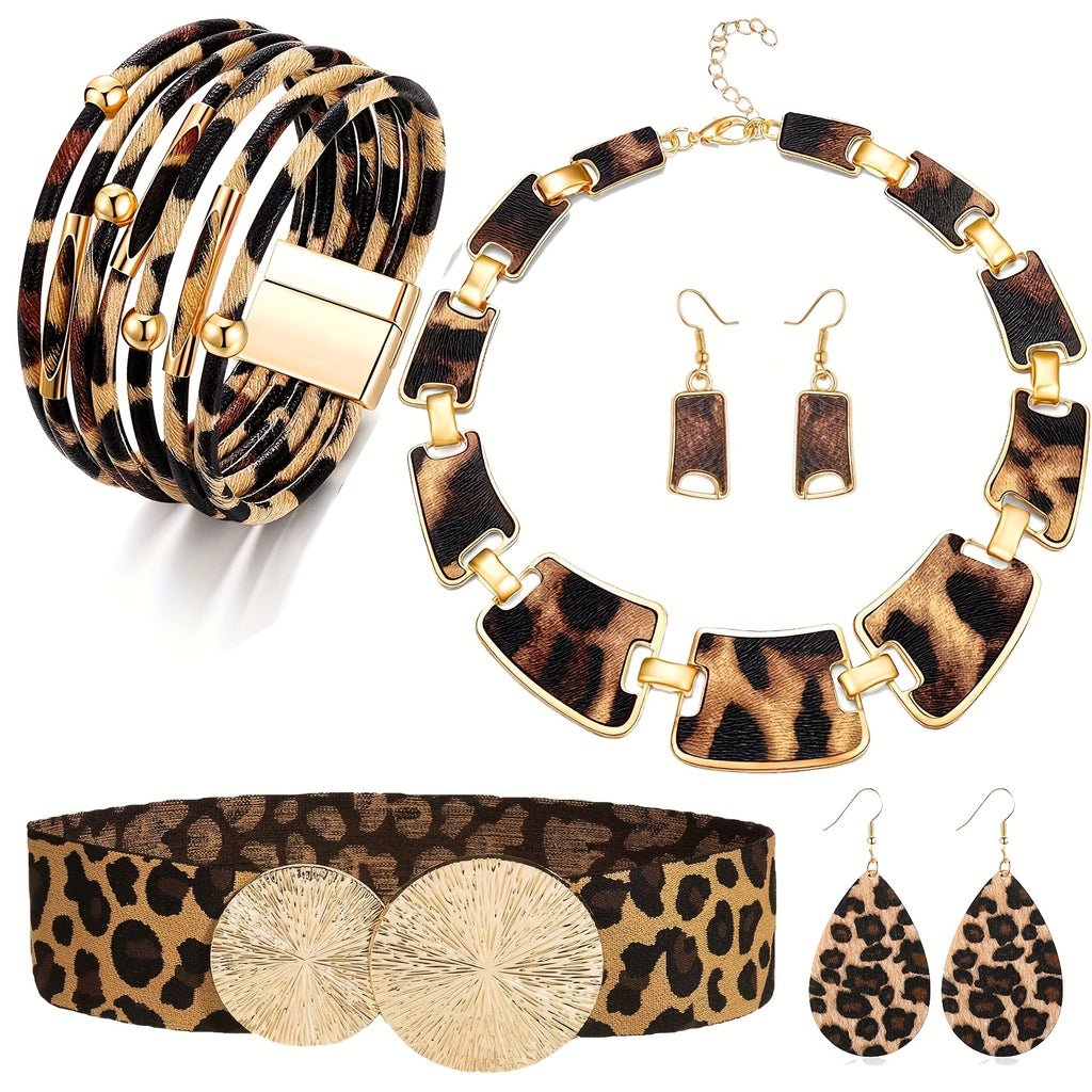 7\u002F Pcs Set Bohemian Style Leopard Print Jewelry Sets - Plastic Fashion Accessories Including  Necklaces, Earrings, Bracelets, and Handbags - Suitable for Daily and Vacation Wear