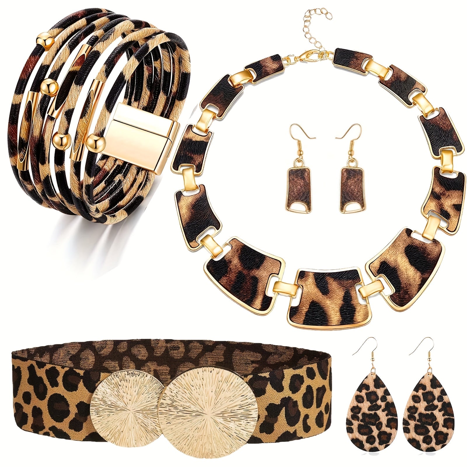 7\u002F Pcs Set Bohemian Style Leopard Print Jewelry Sets - Plastic Fashion Accessories Including  Necklaces, Earrings, Bracelets, and Handbags - Suitable for Daily and Vacation Wear