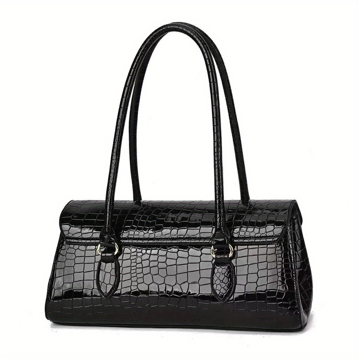 Women's High-Gloss Black\u002FGlossy Crocodile-Texture Handbag - Golden-Tone Metal Twist Lock Closure, Convertible Crossbody\u002FHandbag, Adjustable Strap & Oil-Edged, Luxury Designer-like Purse for, Parties, Everyday (Multiple