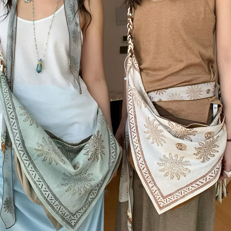 Single-Shoulder Crossbody Bag for Women in Bohemian Style, with Fringed Linen