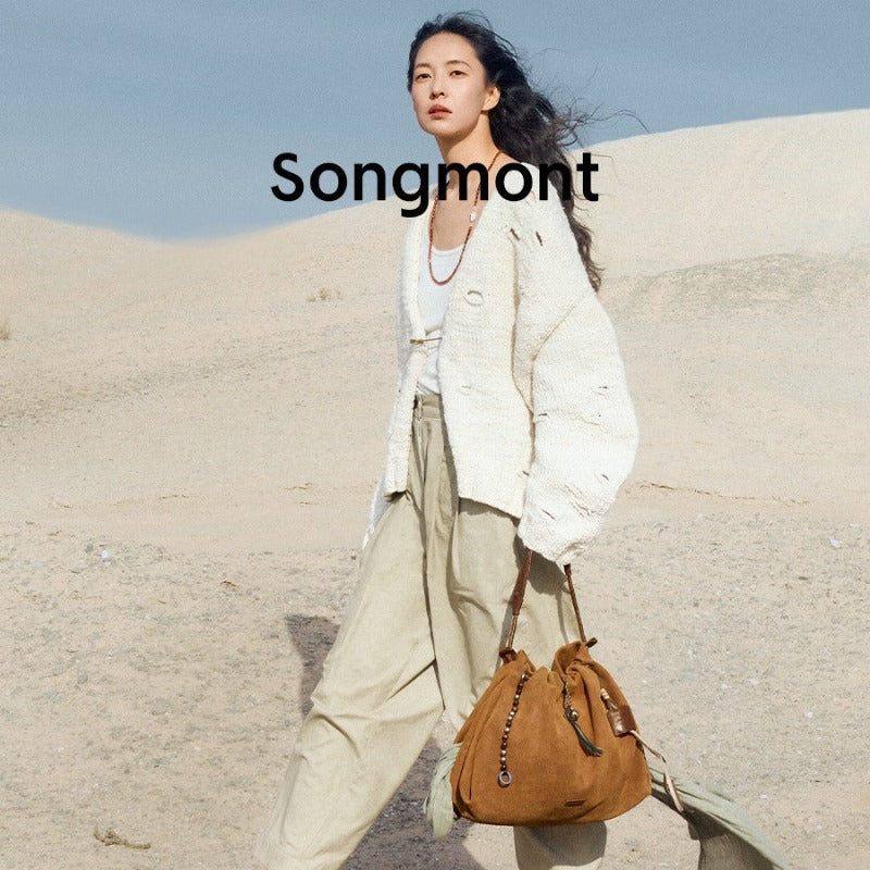 Songmont Songbaina Tote Bag | Suede, Large-Capacity, Genuine Leather, Khaki, Zipper Closure, Machine Washable