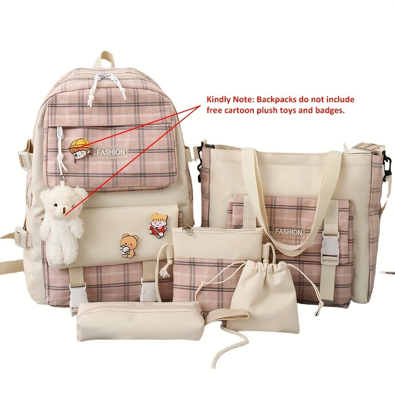 Cute Plaid Cartoon Canvas Five-Piece School Bag, Large Capacity Casual Simple Backpack, Women's Travel Bag Cosmetic Bag, for Girls And Women, Adaptable Stationery Bag, Women's Wallet, Women's Crossbody Bag, Women's Hand Bag (No Bear Pendant)