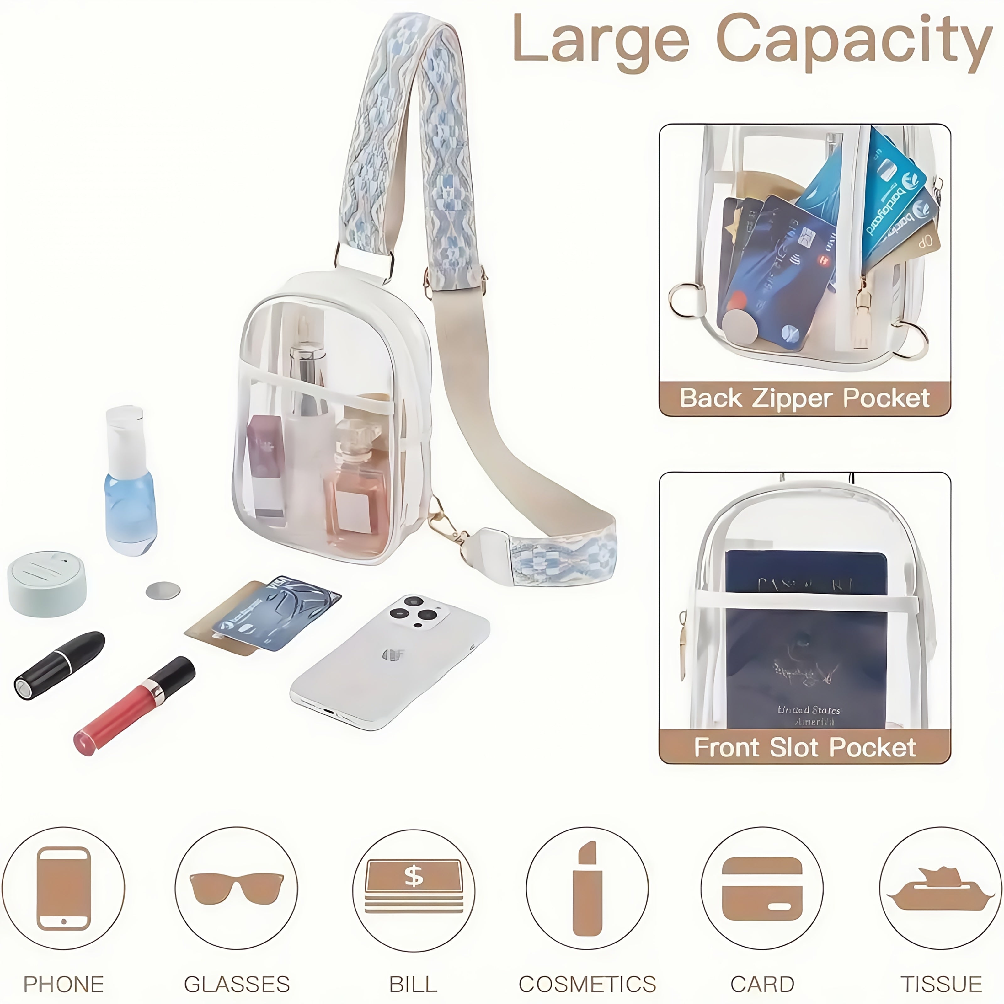 Stadium-Approved Premium Crossbody Bag with Adjustable Strap - Great for Concerts, Sports, And Outdoor Events - Durable, Easy to Clean, with Front Zip Pocket And Mesh Side Pockets - Perfect Gift for Women