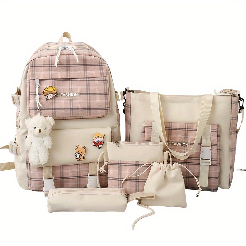 Cute Plaid Cartoon Canvas Five-Piece School Bag, Large Capacity Casual Simple Backpack, Women's Travel Bag Cosmetic Bag, for Girls And Women, Adaptable Stationery Bag, Women's Wallet, Women's Crossbody Bag, Women's Hand Bag (No Bear Pendant)