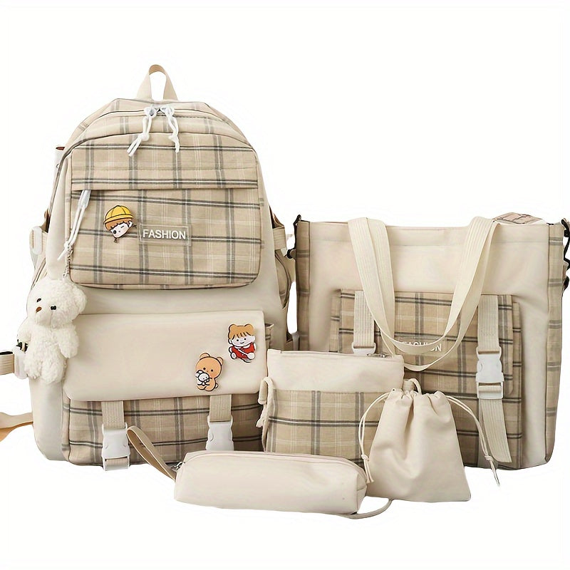 Cute Plaid Cartoon Canvas Five-Piece School Bag, Large Capacity Casual Simple Backpack, Women's Travel Bag Cosmetic Bag, for Girls And Women, Adaptable Stationery Bag, Women's Wallet, Women's Crossbody Bag, Women's Hand Bag (No Bear Pendant)