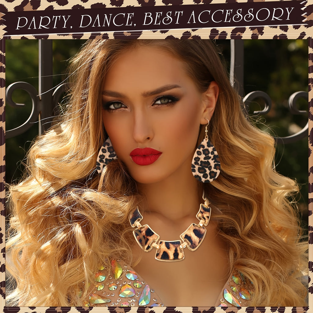 7\u002F Pcs Set Bohemian Style Leopard Print Jewelry Sets - Plastic Fashion Accessories Including  Necklaces, Earrings, Bracelets, and Handbags - Suitable for Daily and Vacation Wear