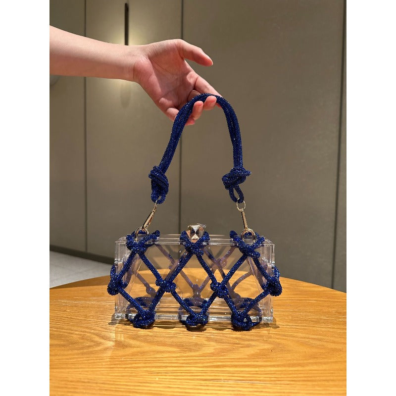 Shiny Acrylic Box Bag with Hand-Woven Nylon - Detachable Strap & Buckle Closure, Square \u002F Handbag Suitable for Dinner Parties, Weddings, Everyday Use - Yiwu Crafted