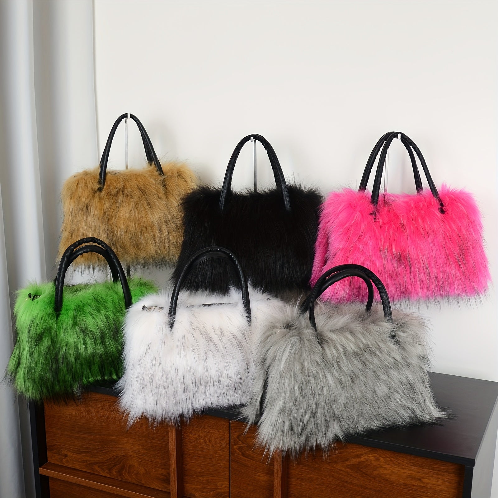 Women'S Plush Faux Mink Shoulder Bags | High-End Fashion Tote And Crossbody Bags in Five Colors:, Pink, Khaki, Silvery Grey, Green | Ideal Gifts for Girlfriend, Daughter, Mother | Solar Bloom Brand, Zipper Closure, Removable Strap Chance of Free Gift