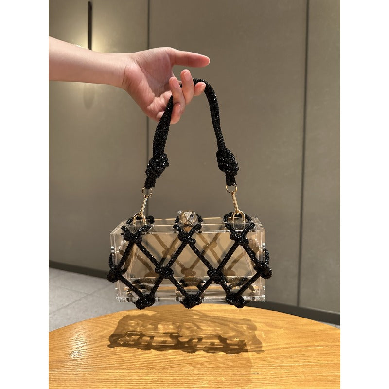 Shiny Acrylic Box Bag with Hand-Woven Nylon - Detachable Strap & Buckle Closure, Square \u002F Handbag Suitable for Dinner Parties, Weddings, Everyday Use - Yiwu Crafted