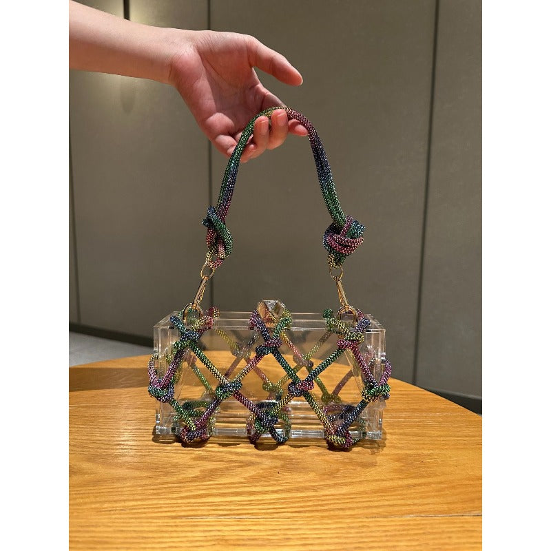 Shiny Acrylic Box Bag with Hand-Woven Nylon - Detachable Strap & Buckle Closure, Square \u002F Handbag Suitable for Dinner Parties, Weddings, Everyday Use - Yiwu Crafted