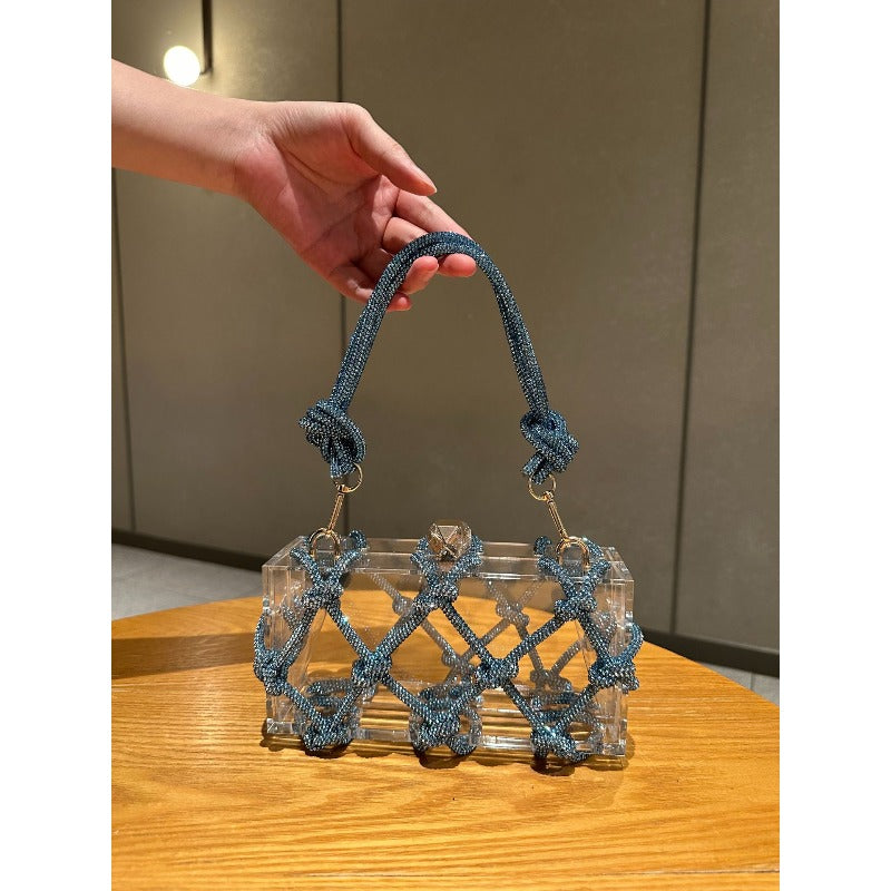 Shiny Acrylic Box Bag with Hand-Woven Nylon - Detachable Strap & Buckle Closure, Square \u002F Handbag Suitable for Dinner Parties, Weddings, Everyday Use - Yiwu Crafted