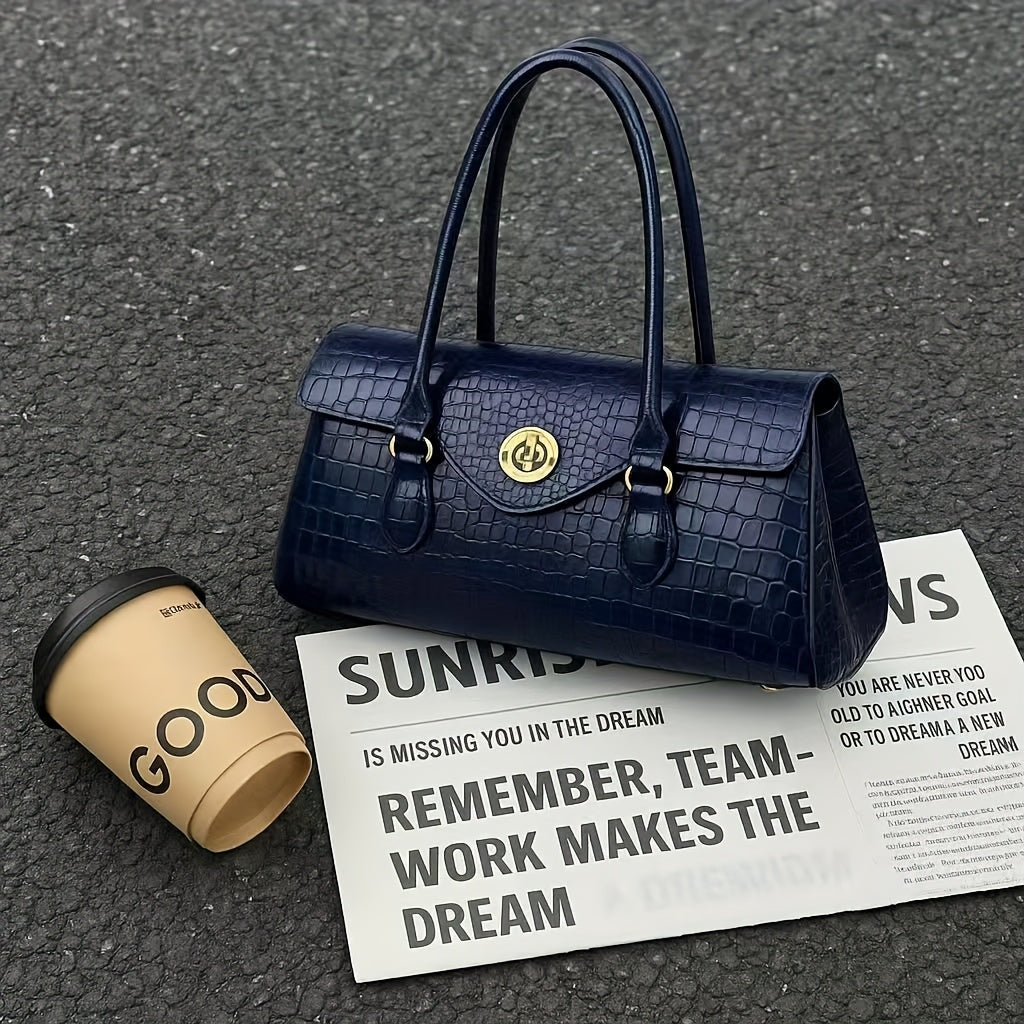 Women's High-Gloss Black\u002FGlossy Crocodile-Texture Handbag - Golden-Tone Metal Twist Lock Closure, Convertible Crossbody\u002FHandbag, Adjustable Strap & Oil-Edged, Luxury Designer-like Purse for, Parties, Everyday (Multiple