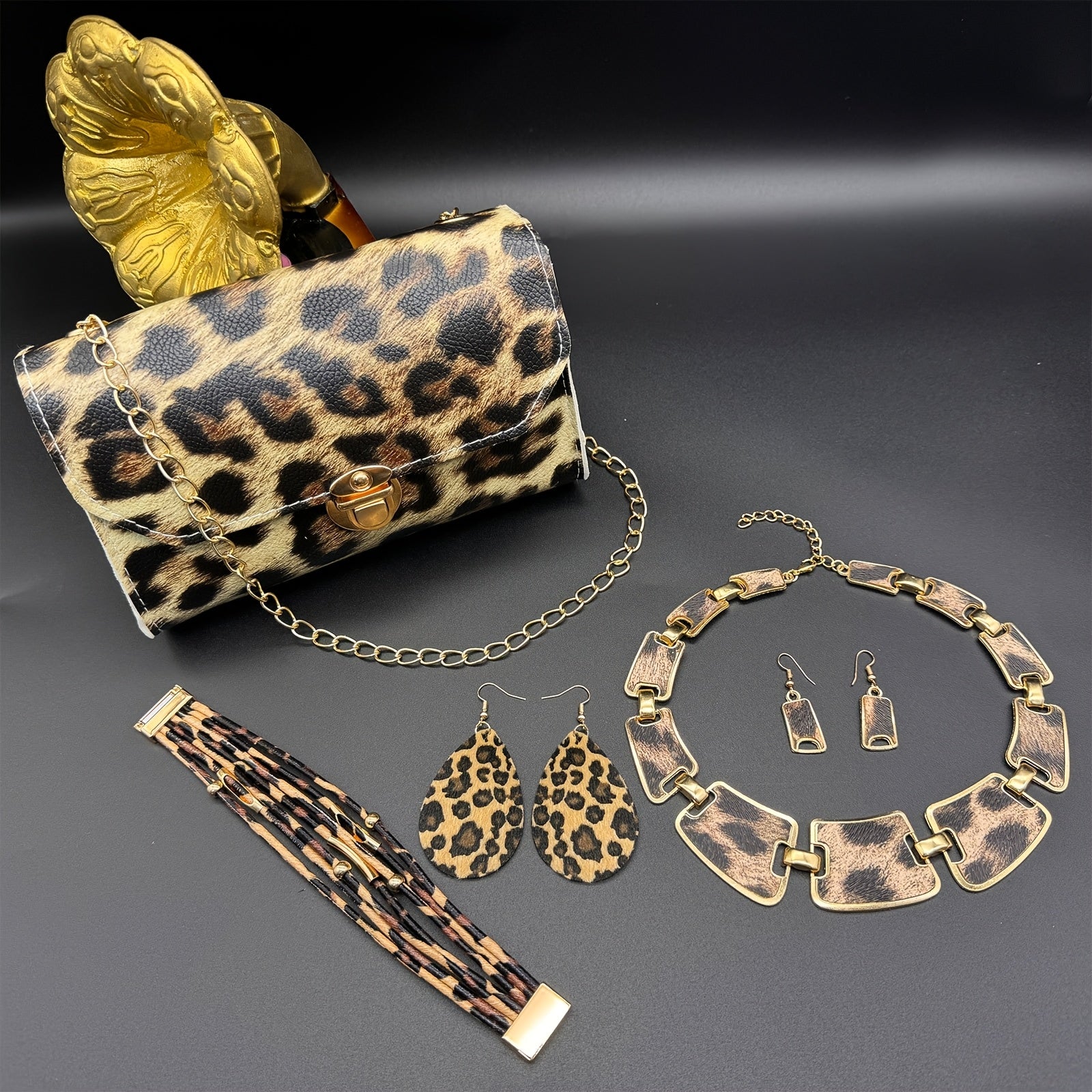 7\u002F Pcs Set Bohemian Style Leopard Print Jewelry Sets - Plastic Fashion Accessories Including  Necklaces, Earrings, Bracelets, and Handbags - Suitable for Daily and Vacation Wear