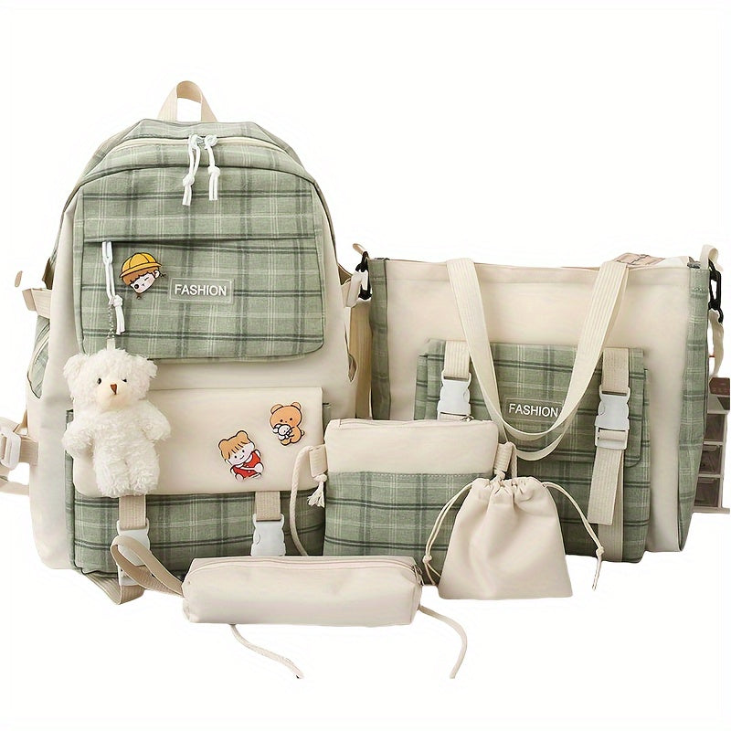 Cute Plaid Cartoon Canvas Five-Piece School Bag, Large Capacity Casual Simple Backpack, Women's Travel Bag Cosmetic Bag, for Girls And Women, Adaptable Stationery Bag, Women's Wallet, Women's Crossbody Bag, Women's Hand Bag (No Bear Pendant)