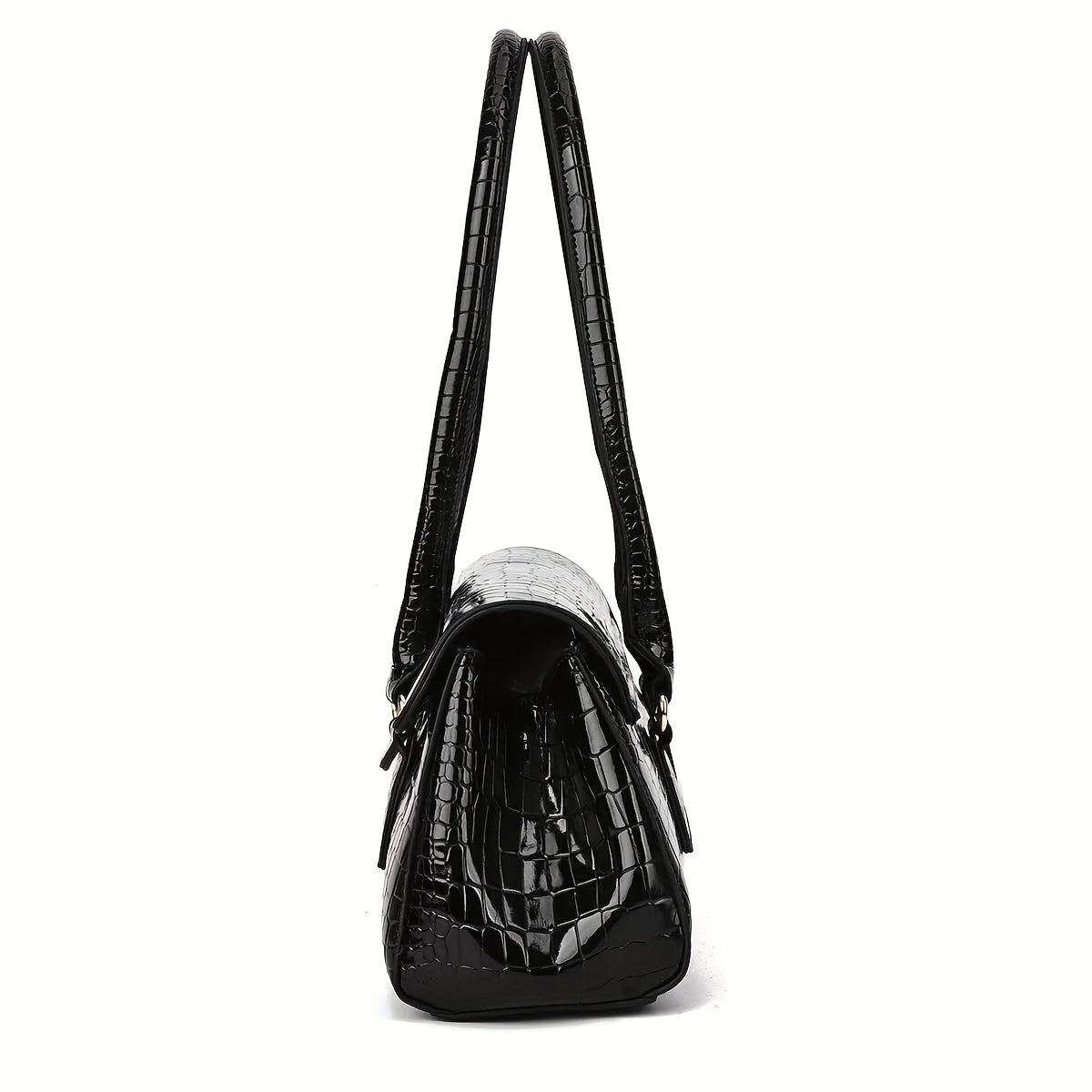 Women's High-Gloss Black\u002FGlossy Crocodile-Texture Handbag - Golden-Tone Metal Twist Lock Closure, Convertible Crossbody\u002FHandbag, Adjustable Strap & Oil-Edged, Luxury Designer-like Purse for, Parties, Everyday (Multiple