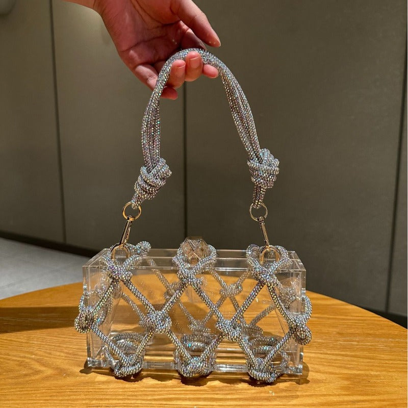 Shiny Acrylic Box Bag with Hand-Woven Nylon - Detachable Strap & Buckle Closure, Square \u002F Handbag Suitable for Dinner Parties, Weddings, Everyday Use - Yiwu Crafted