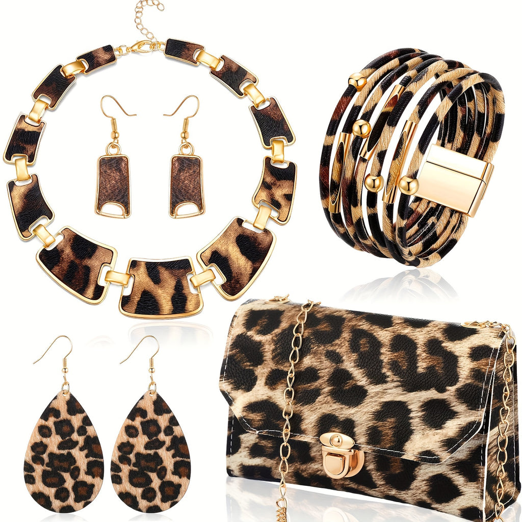 7\u002F Pcs Set Bohemian Style Leopard Print Jewelry Sets - Plastic Fashion Accessories Including  Necklaces, Earrings, Bracelets, and Handbags - Suitable for Daily and Vacation Wear