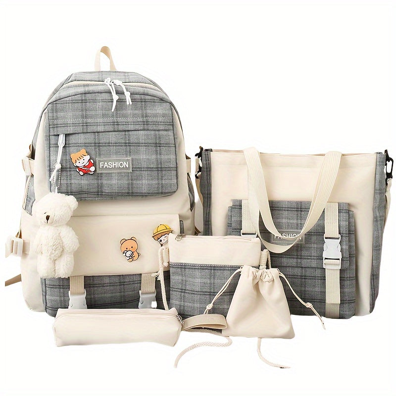 Cute Plaid Cartoon Canvas Five-Piece School Bag, Large Capacity Casual Simple Backpack, Women's Travel Bag Cosmetic Bag, for Girls And Women, Adaptable Stationery Bag, Women's Wallet, Women's Crossbody Bag, Women's Hand Bag (No Bear Pendant)