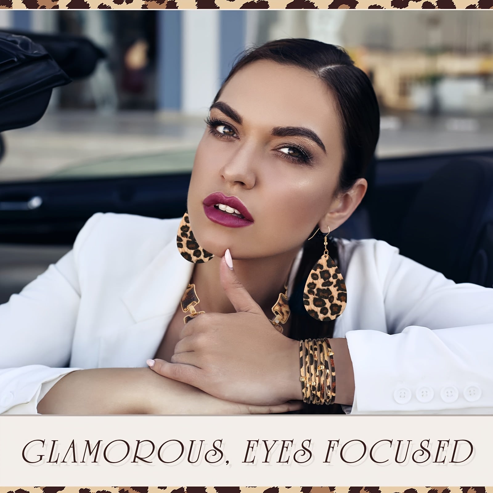 7\u002F Pcs Set Bohemian Style Leopard Print Jewelry Sets - Plastic Fashion Accessories Including  Necklaces, Earrings, Bracelets, and Handbags - Suitable for Daily and Vacation Wear