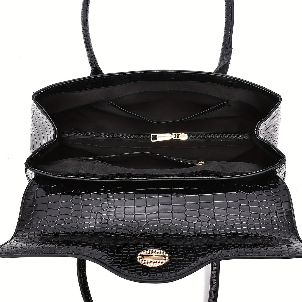 Women's High-Gloss Black\u002FGlossy Crocodile-Texture Handbag - Golden-Tone Metal Twist Lock Closure, Convertible Crossbody\u002FHandbag, Adjustable Strap & Oil-Edged, Luxury Designer-like Purse for, Parties, Everyday (Multiple