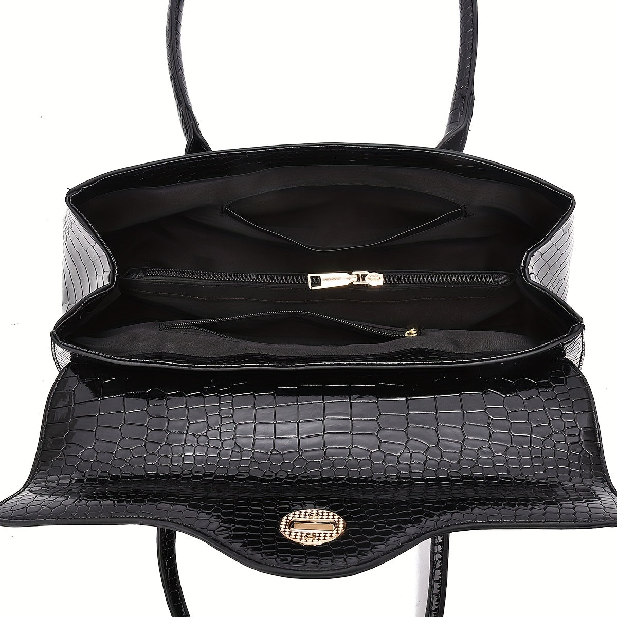 Women's High-Gloss Black\u002FGlossy Crocodile-Texture Handbag - Golden-Tone Metal Twist Lock Closure, Convertible Crossbody\u002FHandbag, Adjustable Strap & Oil-Edged, Luxury Designer-like Purse for, Parties, Everyday (Multiple