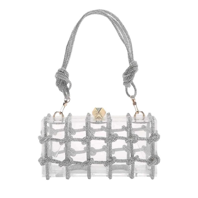 Shiny Acrylic Box Bag with Hand-Woven Nylon - Detachable Strap & Buckle Closure, Square \u002F Handbag Suitable for Dinner Parties, Weddings, Everyday Use - Yiwu Crafted
