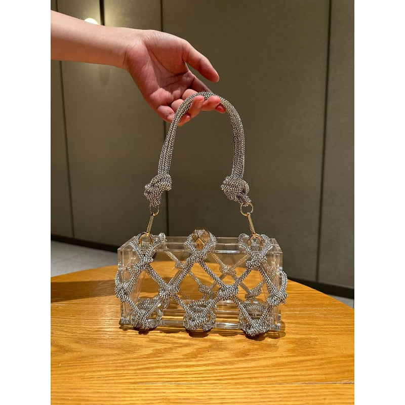 Shiny Acrylic Box Bag with Hand-Woven Nylon - Detachable Strap & Buckle Closure, Square \u002F Handbag Suitable for Dinner Parties, Weddings, Everyday Use - Yiwu Crafted