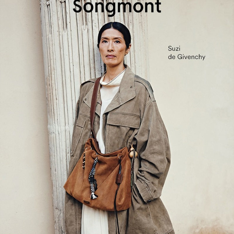 Songmont Songbaina Tote Bag | Suede, Large-Capacity, Genuine Leather, Khaki, Zipper Closure, Machine Washable